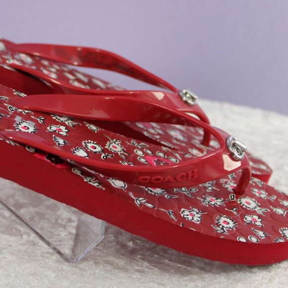Coach Red Floral Print Flip-Flops Sandals Size 5–6 Logo Detail - Picture 1 of 7
